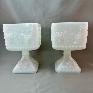 Westmoreland Milk Glass Harvest Grape Square Pedestal Goblets White Set of 2